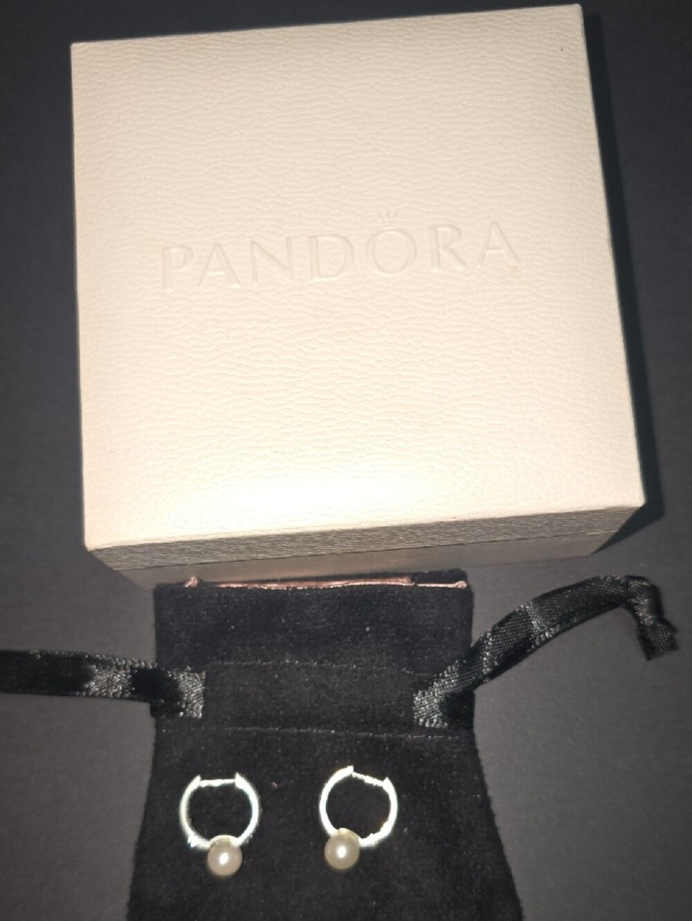 Pandora Silver Huggie Earrings with White Pearls - Picture 2 of 3
